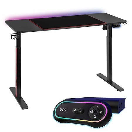 Birou Gaming reglabil electric StableDesk Pro Arena RGB, Iluminare LED, Mousepad, Suport pahar, Suport casti, Ergonomic, 2 Functii de Memorie, Sistem Anti-Coliziune, Inaltime 73-121 cm, Cadru Negru mat, Blat 18 mm Negru - 140 x 60 cm - eMAG.ro