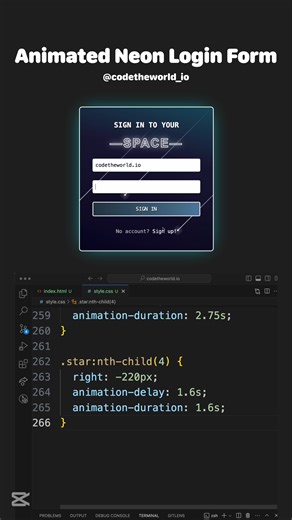 Animated Neon Login Form #codetheworld #programmer #programming #developer #studenlife #computerscience #code #short #reels #dev #it #software #softwaredeveloper #webdevelopment #csstransition #coder #navbar #keyboardsound #relax #reply #x #card #hover #vscode #loginform #neon #space