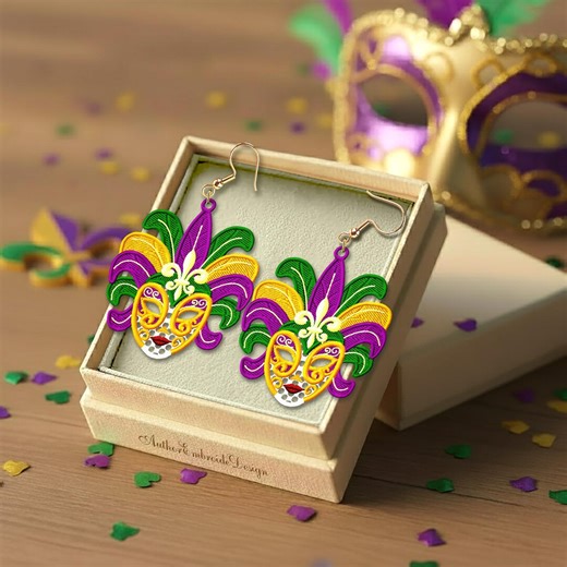 FSL Mardi Gras Feathered Mask Earrings Machine Embroidery Design Download, Free Standing Lace Digital Embroidery Files for Carnival #FS31 - Etsy