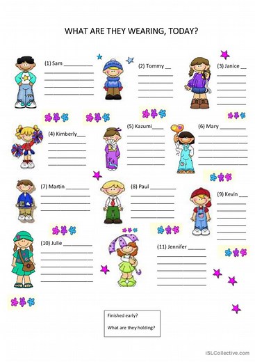 "What are they wearing?" worksheet, with possible answers