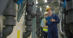 Civil engineer manager and foreman worker checking industry cooling air conditioner water cooling tower air chiller of large industrial building to control air system at construction site