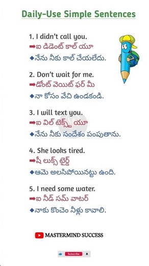 Daily Use Simple English Telugu Sentences #shorts #mastermindsuccess #english