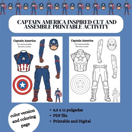 Captain America Inspired Paper Craft Printable | Superhero Cut and Assemble Activity | Coloring & Full Color Template | Kids DIY Craft PDF - Etsy