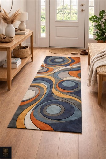 Custom Wool Runner | Mid Century Modern Hallway Rug | Abstract Art Deco Carpet | Vibrant 70s Style Stair Runner | Handmade Luxury Gift Rug - Etsy