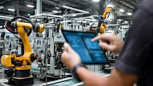 Worker using a tablet to monitor robotic machinery in a modern manufacturing facility