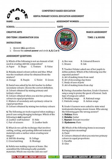 Grade 6 Creative Arts End of Term 1 2026 Exam with Marking Scheme