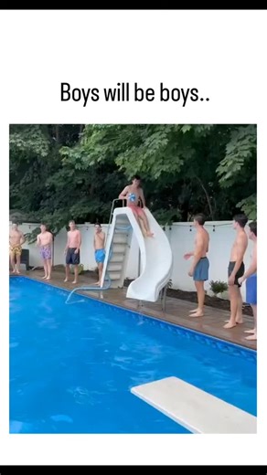 @crazy_trends08 on Instagram: "This instagram post shares a 24-second video of about a dozen young men at a backyard pool party executing synchronized cannonballs off a diving board and waterslide, creating enormous splashes that foam up the entire pool, captioned simply "Boys will be boys.." to capture carefree, energetic fun. Authored by @tradingMaxiSL , a content curator known for motivational and lighthearted shares (bio: "Empowering minds, Sharing valuable knowledge"), it exploded to over 1