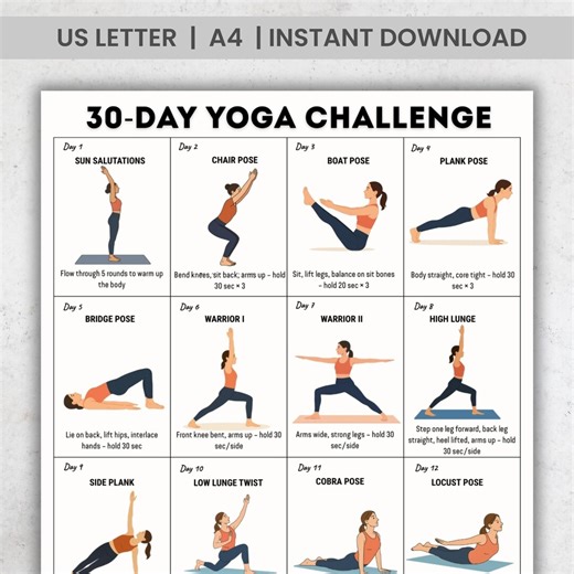 30-day Yoga Challenge Printable PDF | Daily Home Yoga Flow Plan for Fitness, Strength & Flexibility | Beginner Friendly - Etsy