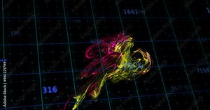 Colorful data visualization animation over grid with numerical values and percentages