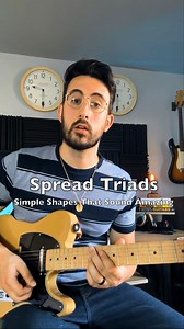 Spread triads on the guitar are a type of chord voicing where the notes of a basic triad (root, third, and fifth) are spread out across the fretboard, often skipping strings to create a wider interval between each note. This technique creates a more open and resonant sound compared to standard triad voicings. Spread triads can add richness and clarity to chord progressions, making them useful for both rhythm and lead playing. They also provide new ways to voice chords, enhancing musical arrangem