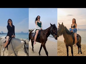 美女骑马...beautiful woman riding a horse by the sea