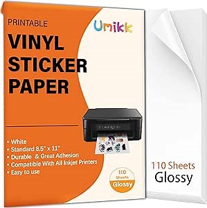 Umikk Printable Vinyl Sticker Paper 110 Sheets -Glossy White Sticker Paper Waterproof, Sticker Printer Paper for Inkjet Printer & Laser Printer, Size 8.5" x 11" A4 Printer Paper