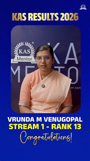 Vrunda M Venugopal has achieved Rank 13 in Stream 1 of KAS 2026! At KAS Mentor, our mission is to lead you to the Ranklist in the shortest possible time. By securing Rank 1 in both Stream 1 and Stream 2, we have again proven why we are the trusted choice for government job aspirants. True success comes from the quality of your guidance, not just the length of your study hours. Contact us to start studying right: 91 79944 40444 [KASResults,Rank1,KASMentor,KeralaPSC,DegreePrelims2026,KAS Result 20