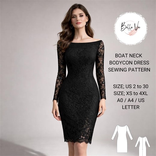Lace Sheath Dress Sewing Pattern, Boat Neck Bodycon Evening Dress (PDF Download) - Etsy UK