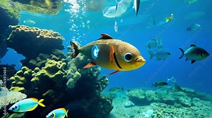 Robotic fish swimming in an aquarium with vibrant coral reefs, camera zooms in on shimmering scales and bubbles.