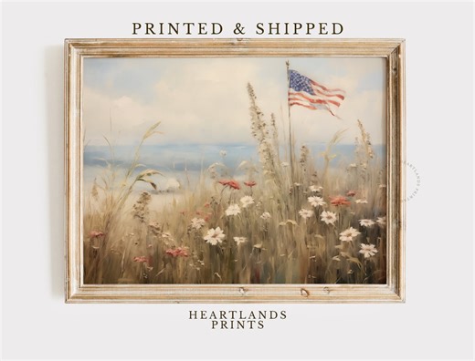 Vintage American Flag Art Decor, Patriotic Flag With Wildflower Printed and Shipped Art, Colorful Neutral Wall Art Antique Farmhouse Decor - Etsy
