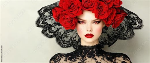 Beautiful woman wearing black lace and a vibrant headdress made of deep red roses