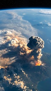 From orbit, a massive volcano erupts on Earth’s surface, sending a towering plume of ash and smoke high into the atmosphere. The surrounding land is darkened by volcanic deposits while the curvature of Earth glows softly against the blackness of space. No visible lava rivers dominate the scene—just an immense ash column spreading outward, showing the raw power of geological forces reshaping the planet in real time. Disclaimer: This content is created using AI and does not represent real events o