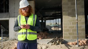 Serious man engineer typing notes and message with helmet and vest uses mobile phone at construction site, building contractor hold cellphone outdoors.