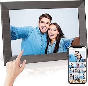 Digital Picture Frame 10.1 Inch Frameo WiFi Electronic Wood Frame - HD IPS 32GB Memory, Automatic Rotation, Slide Show, Adjustable Brightness, iOS and Android App