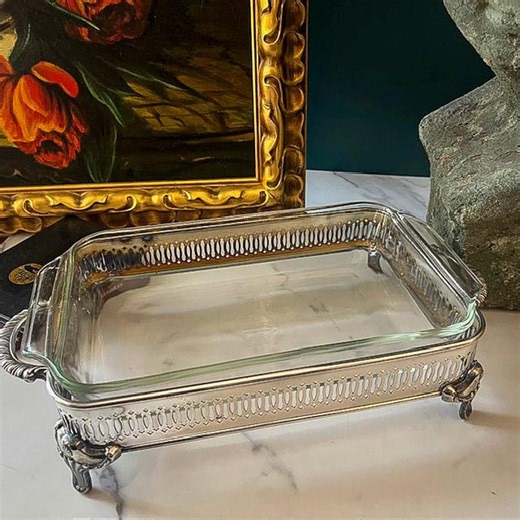 Vintage Anchor Hocking Fire-king Glass Casserole Dish With Silver-plated Holder – Retro Mid-century Kitchen Serveware - Etsy