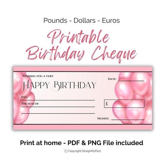 Printable Birthday Gift Cheque Template: Pink Balloons (PDF & PNG) - Etsy UK