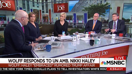 Mika Brzezinski of MSNBC's Morning Joe cut off an interview with Michael Wolff, the author of “Fire and Fury,” after the two got into a heated exchange over a veiled suggestion by Wolff that U.N. Ambassador Nikki Haley was having an affair with President Trump. Moments later, Wolff shot back at Brzezinski http://nbcnews.to/2ntUPLc | NBC News