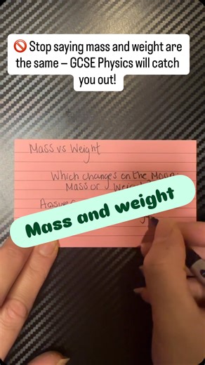 Miss Malik 👩‍🏫 on Instagram: "Mass vs Weight (GCSE Physics explained simply): ⚖️ Mass • Amount of matter in an object • Measured in kilograms (kg) • Does NOT change wherever you are • Measured using a balance 🌍 Weight • Force acting on a mass due to gravity • Measured in newtons (N) • Changes depending on gravity • Calculated using: 👉 Weight = Mass × Gravitational field strength 👉 W = m × g 💡 On Earth, g = 9.8 N/kg 💡 On the Moon, your mass stays the same but your weight is much smaller 📌