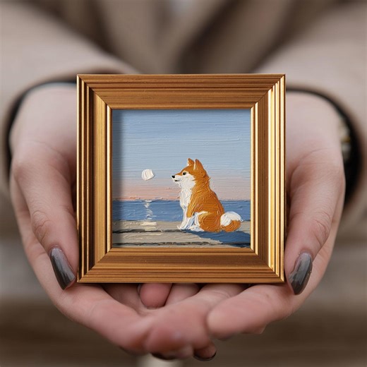 Mini Shiba Inu at Beach Oil Painting, Original Hand Painted Dog, Animal Gallery Wall Art, 4x4 Gold Frame, Gift for Dogs Mom - Etsy