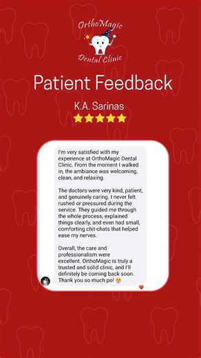 OrthoMagic Dental Clinic on Instagram: "Nothing makes us happier than satisfied patients! 🥰🦷 Thank you for your kind feedback and for choosing OrthoMagic Dental Clinic. Your smile is our greatest reward! Book your appointment today. ☎️ IMUS: 0976-319-9205 ☎️ BACOOR: 0997-502-1666 📍Bacoor Branch: 355 Avenida Rizal St., Molino 3, Bacoor City, Cavite 📍Imus Branch: Unit C2-B, MP Sarte Bldg., Gen. Emilio Aguinaldo Highway, Imus City, Cavite #OrthoMagicDentalClinic #PatientFeedback #TrustedDentalC