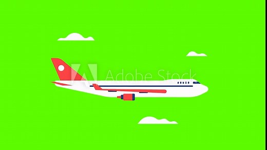Animated airplane flying through sky with white clouds. Flat vector graphic. 4K animated video, alpha channel.