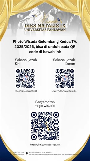 @univ.pahlawan on Instagram: "🎓✨ Wisuda Dies Natalis IX Universitas Pahlawan ✨🎓 Photo Wisuda Gelombang Kedua TA 2025/2026 sudah bisa diunduh 📸 Scan QR Code di poster untuk foto ijazah & penyematan toga 🎓 Selamat kepada seluruh wisudawan & wisudawati! Saatnya melangkah ke masa depan dengan bangga 💙💛 #WisudaUP #UniversitasPahlawan #DiesNatalisIX #Wisuda2026"