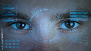 Human eye with futuristic vision system. Control and protection of persons, control and security in the accesses technology. Concept of vision control and protection.