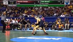 Zeke Moisey stuns the crowd at the 2015 NCAA Championships.The unseeded West Virginia true freshman pins No. 6 Thomas Gilman (Iowa) in just 52 seconds in the NCAA semifinals, punching his ticket to the national finals.