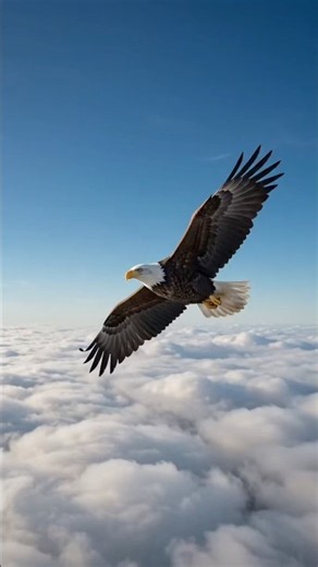 Eagle flying in the high altitude above the clouds.