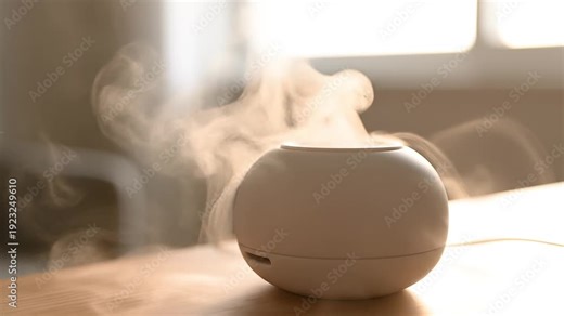Contemporary white aroma diffuser releasing a soothing mist, enhancing the air with essential oils for a calming home environment, promoting relaxation, wellness, and improved air quality