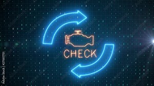 Check engine light symbol that pops up on dashboard when something goes wrong with the engine.Signal "check engine" in a neon style with rotating arrows, Futuristic automotive background