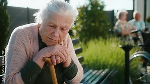Lonely worried anxiety woman in the 90s sits on a bench in the yard of a nursing home pensive and nostalgic, feel weak hopeless