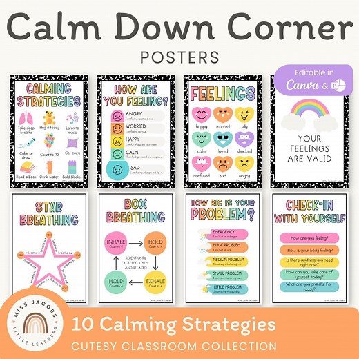 Cutesy Calm Down Corner Posters, Calm Down Kit, Printable Social Emotional Learning, Composition Notebook Calming Strategies Posters - Etsy