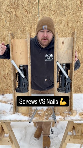 Structural screws vs Ring shank nails 🤔 lots of controversy around this topic! While screwing in sheathing and other applications isn’t very practical, it’s commonly used for subfloors even with addition installation time. #carpentry #framing #testing #construction | BAS Renovations