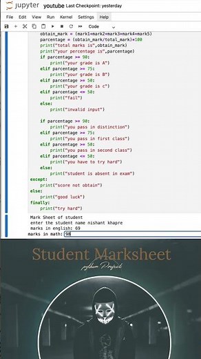 🎓 Student Marksheet Project in Python! 🐍 Calculate total, percentage & grade automatically! 💯#Python