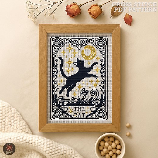 The Cat Cross Stitch Pattern PDF - Mystical Tarot Card Embroidery Design, Moon Stars Gothic Decor, Elegant DIY Cat Lovers Gift, Cat Wall Art - Etsy