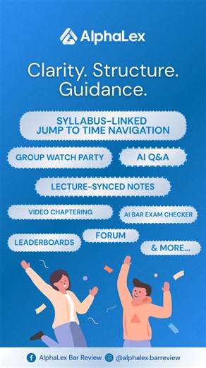 𝗔𝗿𝗲 𝘆𝗼𝘂 𝗲𝗻𝗰𝗼𝘂𝗻𝘁𝗲𝗿𝗶𝗻𝗴 𝘁𝗵𝗲𝘀𝗲 𝗕𝗔𝗥 𝗥𝗲𝘃𝗶𝗲𝘄 𝗣𝗿𝗼𝗯𝗹𝗲𝗺𝘀? 🤦🏻 𝗔𝗹𝗽𝗵𝗮𝗟𝗲𝘅 has you covered: ✔ AI Bar Exam Checker for instant grading and feedback ✔ Syllabus-linked navigation to stay on track ✔ Lecture-synced notes for all video lectures ✔ Group watch parties & forums to learn together ✔ Leaderboards & gamification to make studying fun and many more features! 📩 𝙈𝙚𝙨𝙨𝙖𝙜𝙚 𝙪𝙨 𝙩𝙤 𝙞𝙣𝙦𝙪𝙞𝙧𝙚 𝙖𝙣𝙙 𝙡𝙚𝙖𝙧𝙣 𝙢𝙤𝙧𝙚! #AlphaLex #BarExam #BarPH #LawP