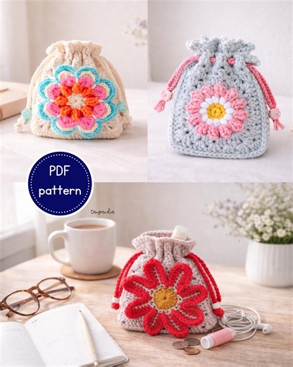 Bundle Crochet Flower Drawstring Pouch Pattern – Get 3 Cute Designs, Easy DIY Mini Bag - Etsy