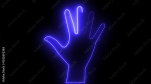 Open hand, palm neon sign. Bright glowing symbol on a black background. Neon style icon.