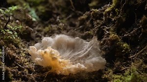 Microscope of mucous mold exploding in natural habitat, transparent filaments, shimmering spores. Microbiology lab concepts. Generative AI