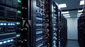 Computer Server Rack and Multiple Redundant Array of Independent Disks Storage Units Illuminated in Data Center