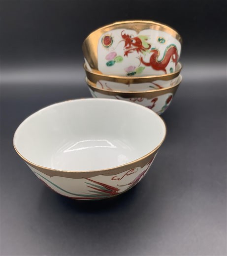 Vintage Chinese Porcelain Bowls: Red Dragon & Phoenix, Hand Painted Gold Trim, Set of 4 - Etsy
