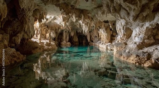 Limestone cave with turquoise stalactites glows with subterranean magic geology wonder exploration and hidden beauty
