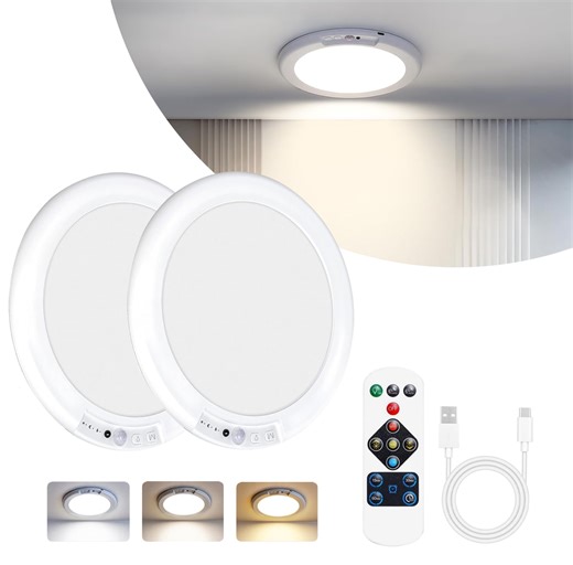 Alficedo 2 Pack Motion Sensor Ceiling Lights, Wireless Rechargeable LED Light with Remote, Supports 3 Color Temperature, Dimmable and Timing for Attics Hallways Bathrooms Garages